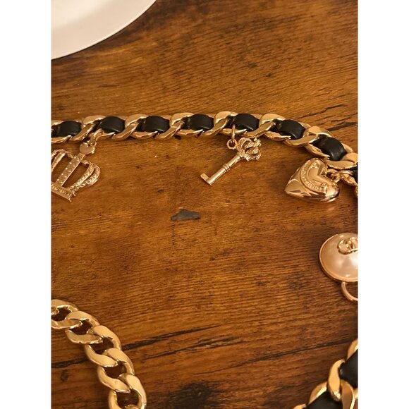 Juicy Couture Gold-Tone & Black Charm Link Dangle Belt M/L Heart Crown Key - Picture 8 of 12